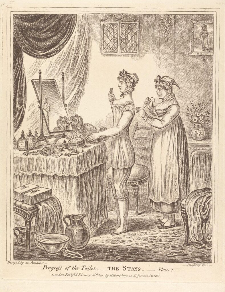ジェームズ・ギルレイの風刺画「身支度の進行:コルセット」(1810年)